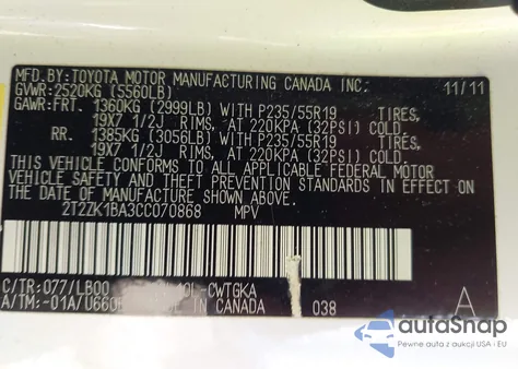 2012 Lexus Rx 350 z USA, uszkodzony, nr VIN 2T2ZK1BA3CC070868